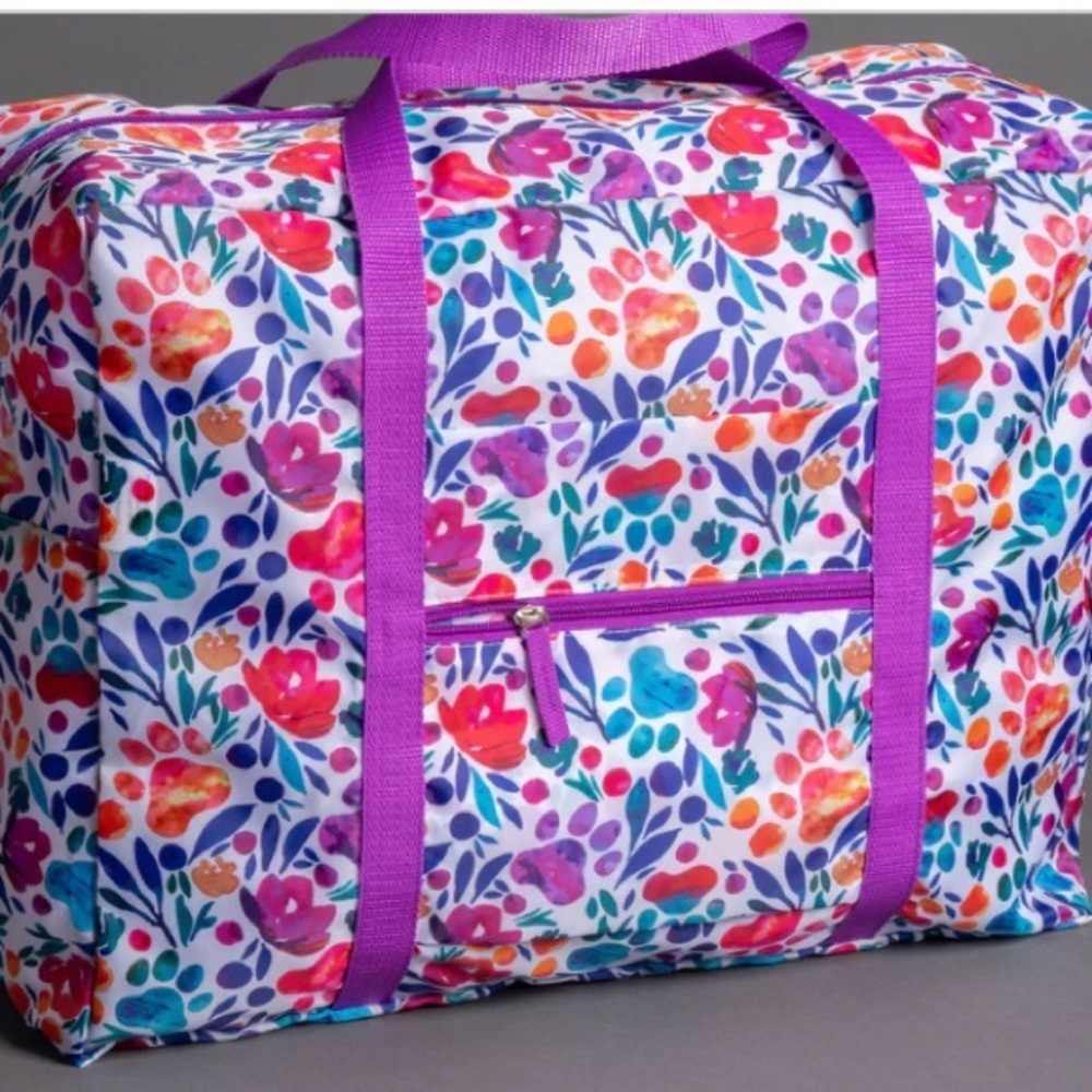 Floral Paw Print Packable polyester washable red & purple Duffel  Bag